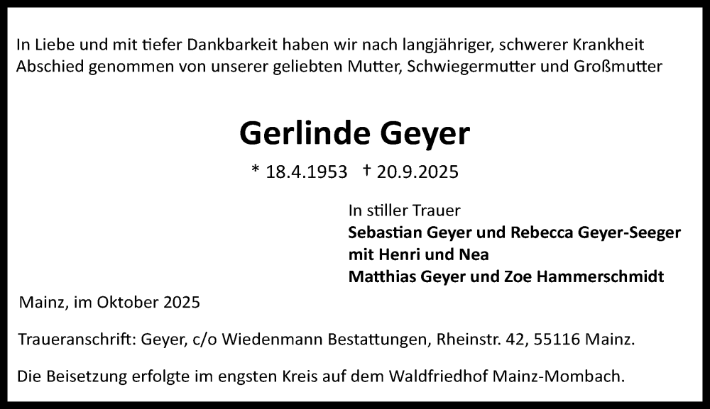  Traueranzeige für Gerlinde Geyer vom 18.10.2025 aus Allgemeine Zeitung Mainz