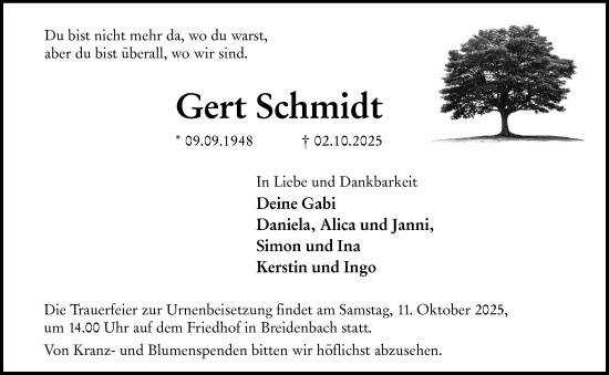 Traueranzeige von Gert Schmidt von Hinterländer Anzeiger