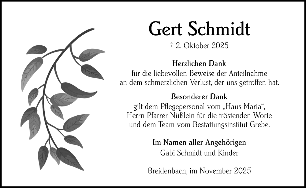  Traueranzeige für Gert Schmidt vom 01.11.2025 aus Hinterländer Anzeiger