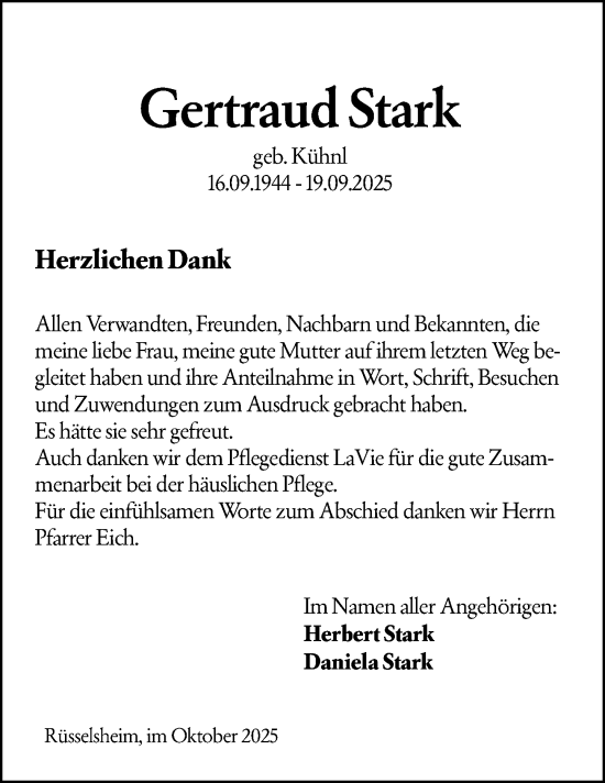 Traueranzeige von Gertraud Stark von Rüsselsheimer Echo