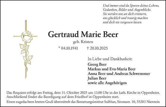 Traueranzeige von Gertraud Marie Beer von Allgemeine Zeitung Mainz