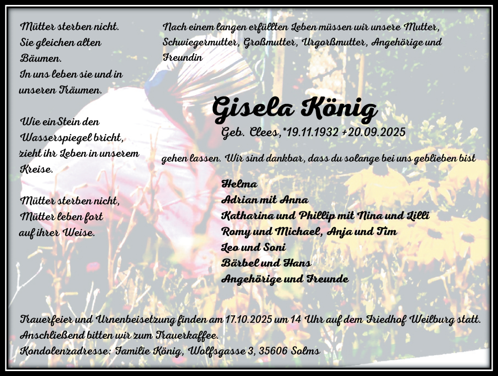  Traueranzeige für Gisela König vom 04.10.2025 aus Weilburger Tageblatt