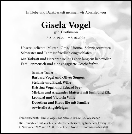 Traueranzeige von Gisela Vogel von Wiesbadener Kurier