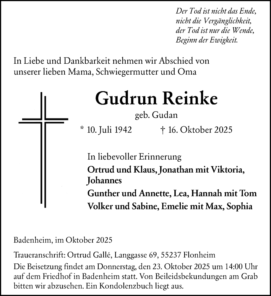  Traueranzeige für Gudrun Reinke vom 21.10.2025 aus Allgemeine Zeitung Rheinhessen-Nahe