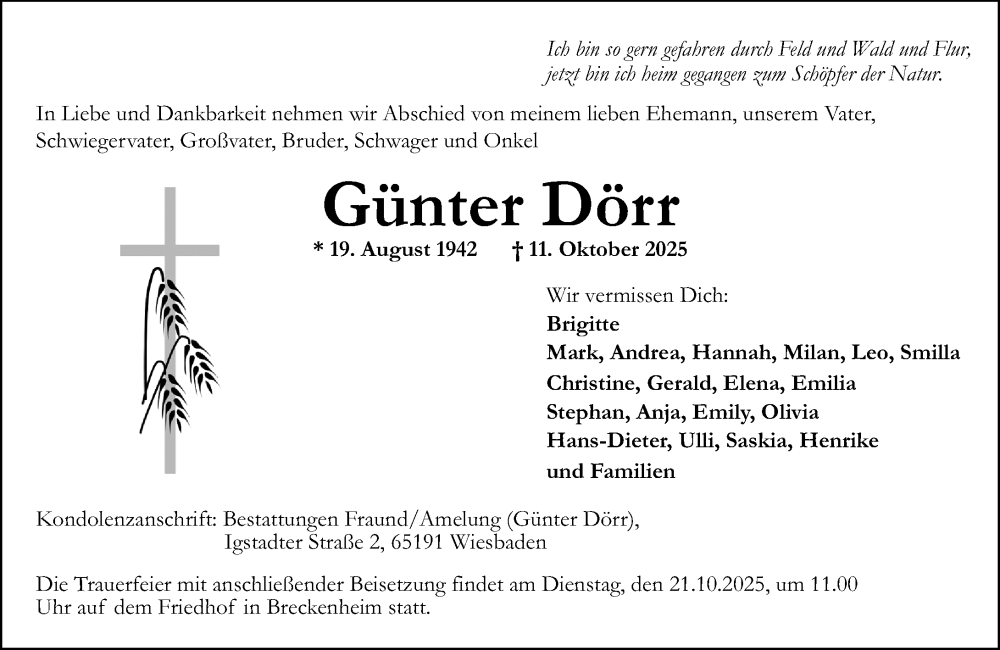  Traueranzeige für Günter Dörr vom 18.10.2025 aus Wiesbadener Kurier