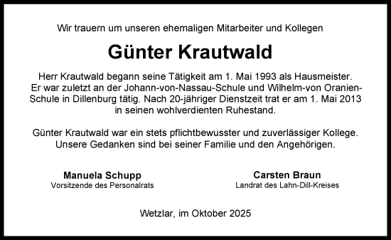 Traueranzeige von Günter Krautwald von Dill Block