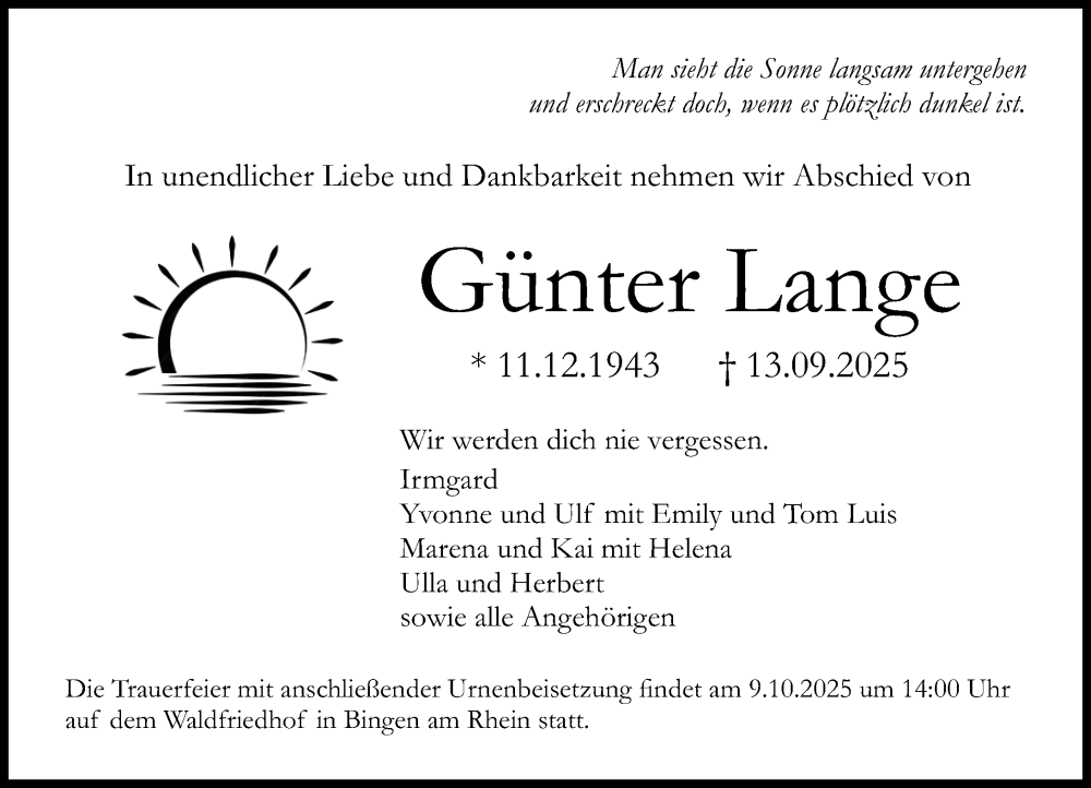  Traueranzeige für Günter Lange vom 04.10.2025 aus Allgemeine Zeitung Rheinhessen-Nahe