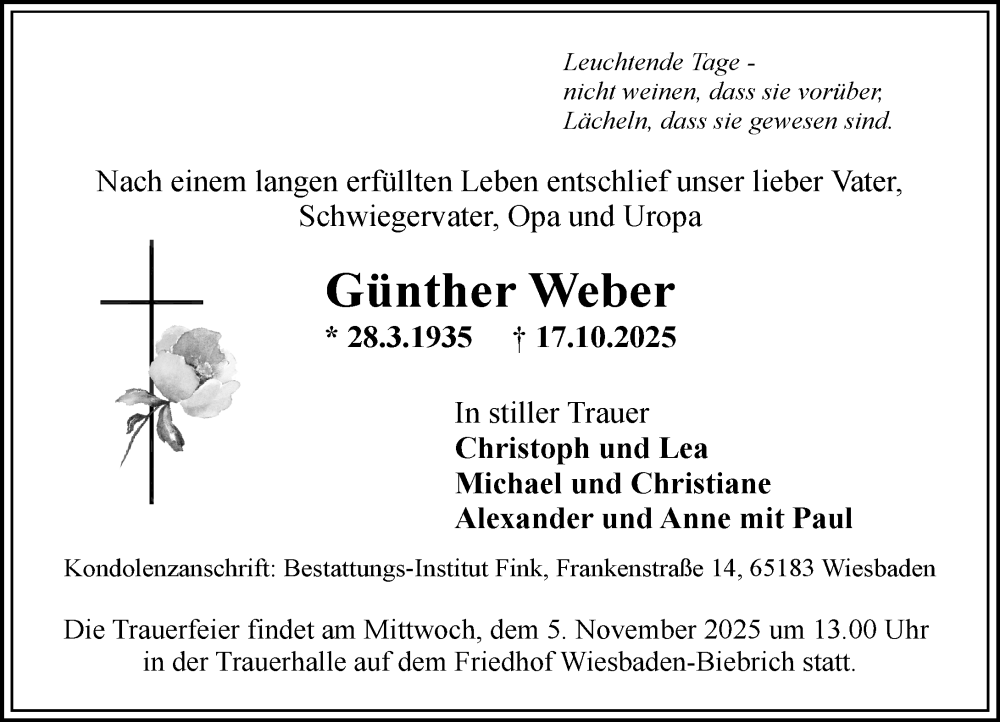  Traueranzeige für Günther Weber vom 25.10.2025 aus Wiesbadener Kurier