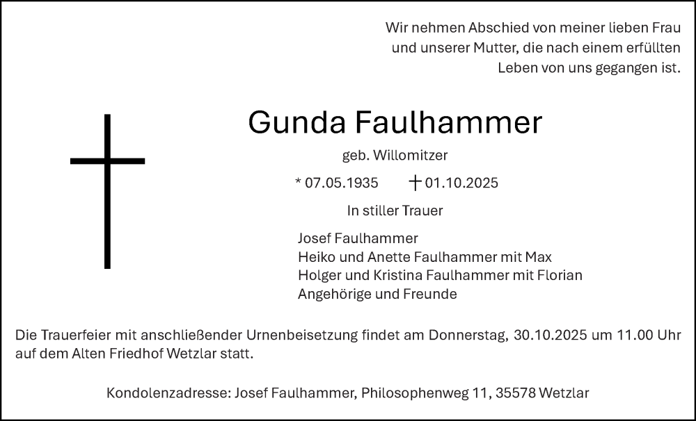  Traueranzeige für Gunda Faulhammer vom 25.10.2025 aus Wetzlarer Neue Zeitung