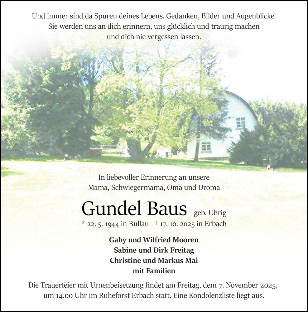  Traueranzeige für Gundel Baus vom 25.10.2025 aus Odenwälder Echo