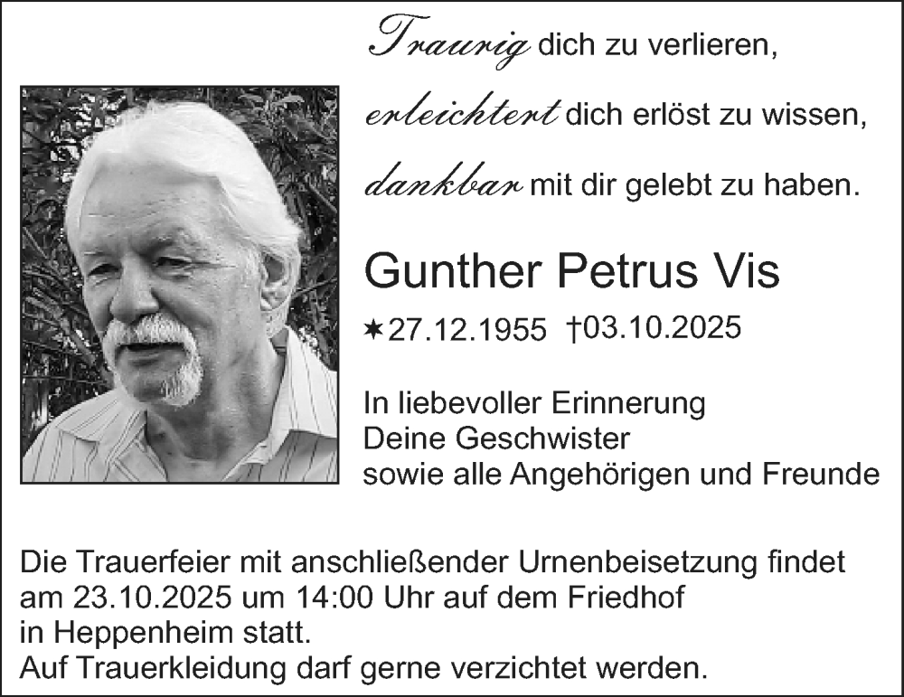  Traueranzeige für Gunther Petrus Vis vom 18.10.2025 aus Starkenburger Echo