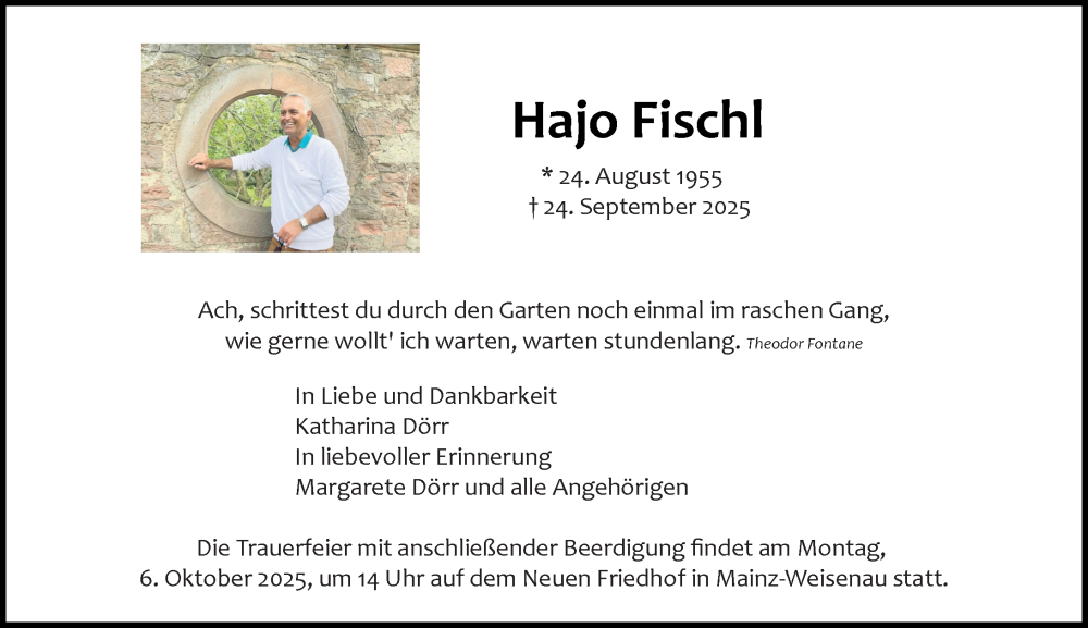  Traueranzeige für Hajo Fischl vom 04.10.2025 aus Allgemeine Zeitung Mainz