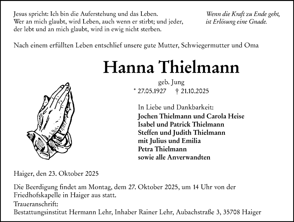  Traueranzeige für Hanna Thielmann vom 23.10.2025 aus Dill Block
