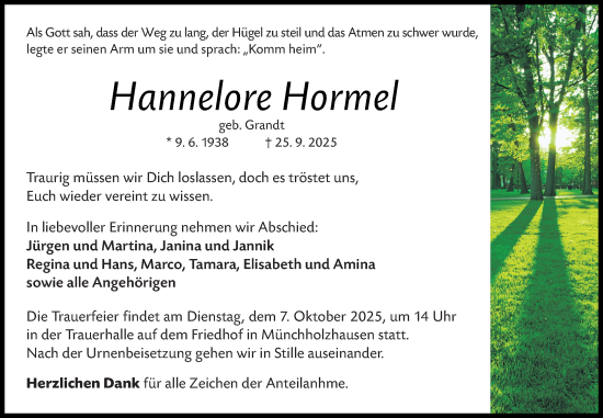 Traueranzeige von Hannelore Hormel von Wetzlarer Neue Zeitung