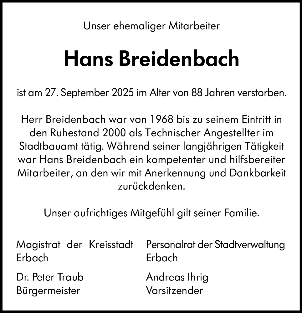  Traueranzeige für Hans Breidenbach vom 04.10.2025 aus Odenwälder Echo