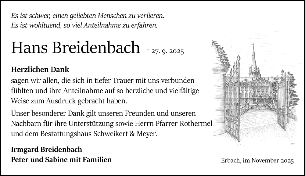  Traueranzeige für Hans Breidenbach vom 01.11.2025 aus Odenwälder Echo