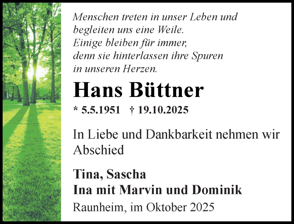  Traueranzeige für Hans Büttner vom 25.10.2025 aus Rüsselsheimer Echo