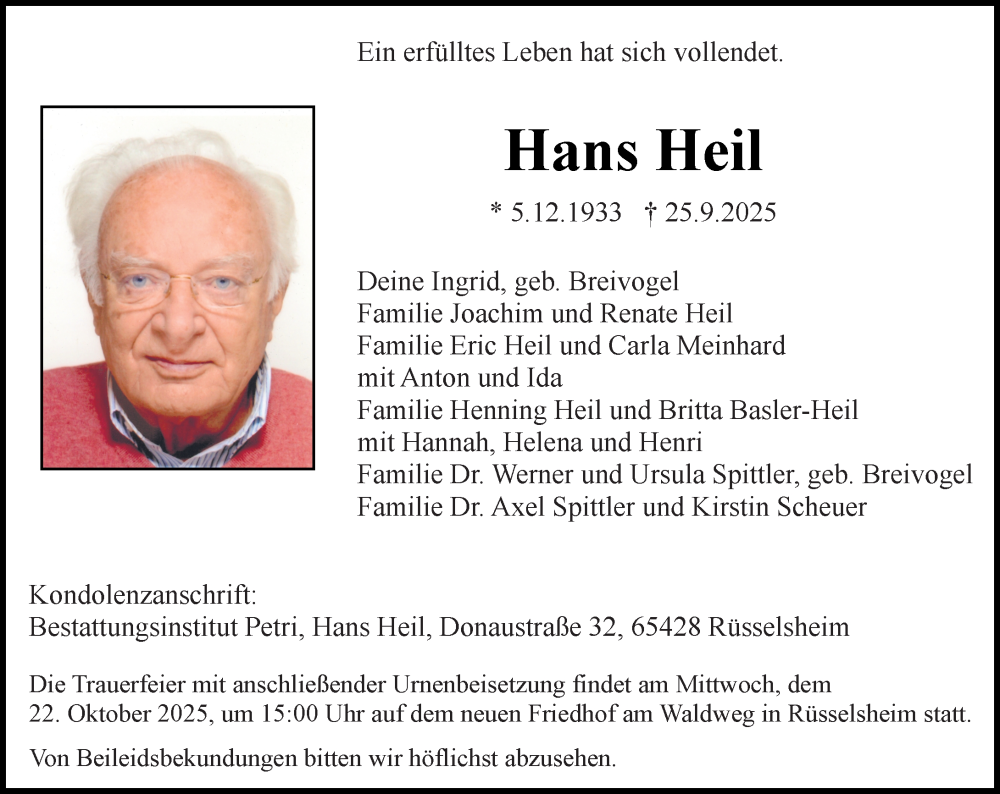  Traueranzeige für Hans Heil vom 04.10.2025 aus Rüsselsheimer Echo