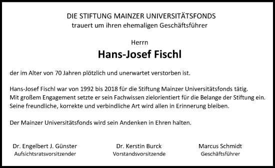 Traueranzeige von Hans-Josef Fischl von Allgemeine Zeitung Mainz