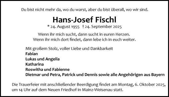 Traueranzeige von Hans-Josef Fischl von Allgemeine Zeitung Mainz