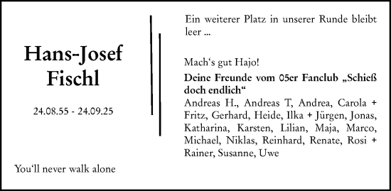 Traueranzeige von Hans-Josef Fischl von Allgemeine Zeitung Mainz