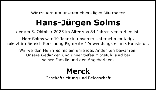 Traueranzeige von Hans-Jürgen Solms von Darmstädter Echo