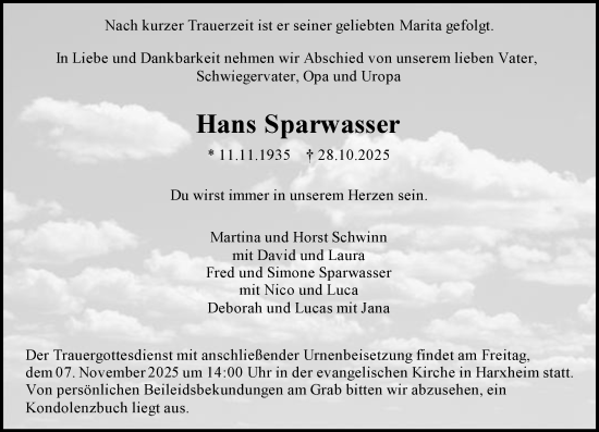 Traueranzeige von Hans Sparwasser von Allgemeine Zeitung Mainz