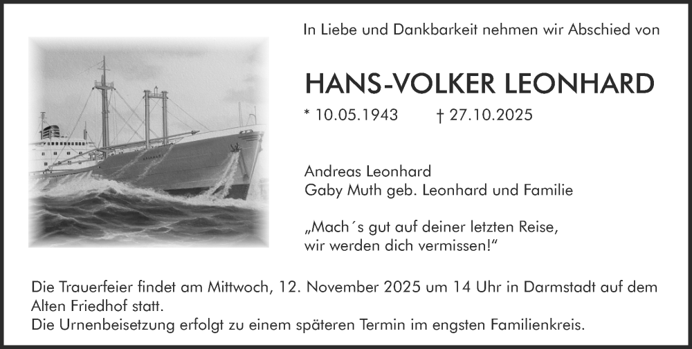  Traueranzeige für Hans-Volker Leonhard vom 01.11.2025 aus Darmstädter Echo