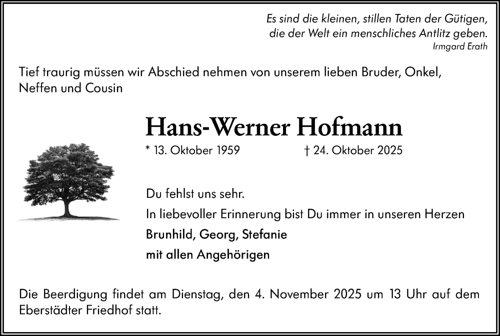  Traueranzeige für Hans-Werner Hofmann vom 01.11.2025 aus Darmstädter Echo