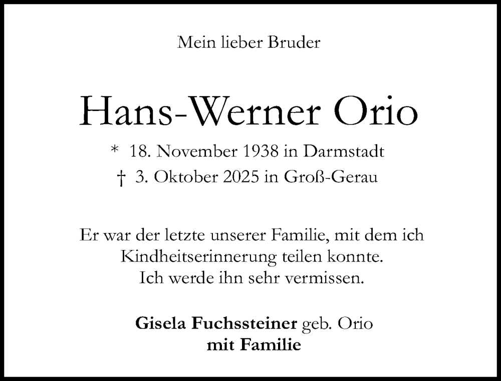  Traueranzeige für Hans-Werner Orio vom 18.10.2025 aus Darmstädter Echo