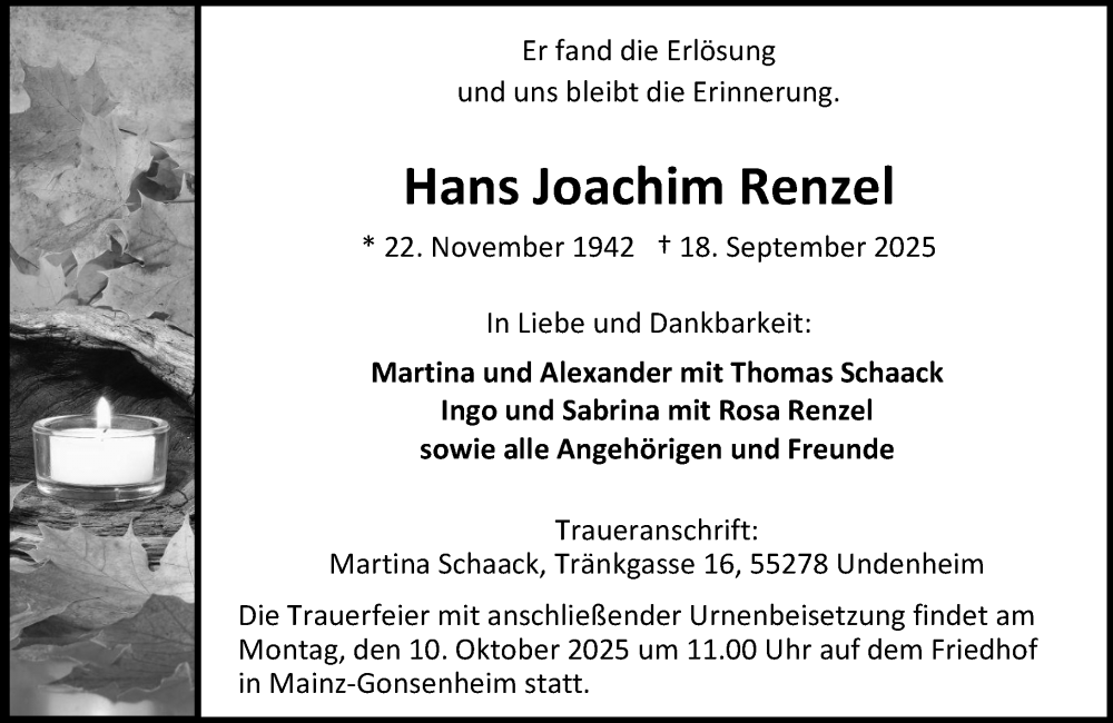  Traueranzeige für Hans Joachim Renzel vom 04.10.2025 aus Allgemeine Zeitung Mainz