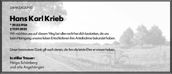 Traueranzeige von Hans Karl Krieb von Dieburger Anzeiger/Groß-Zimmerner Lokal-Anzeiger
