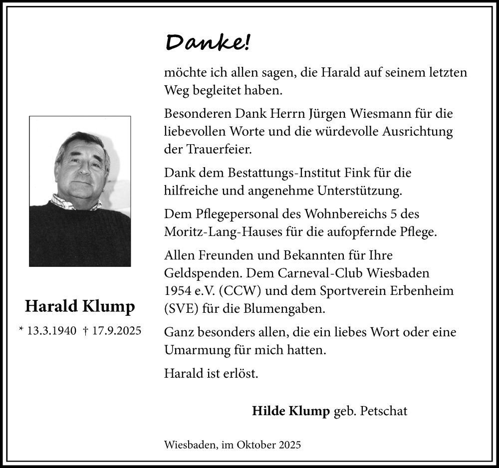  Traueranzeige für Harald Klump vom 11.10.2025 aus Wiesbadener Kurier