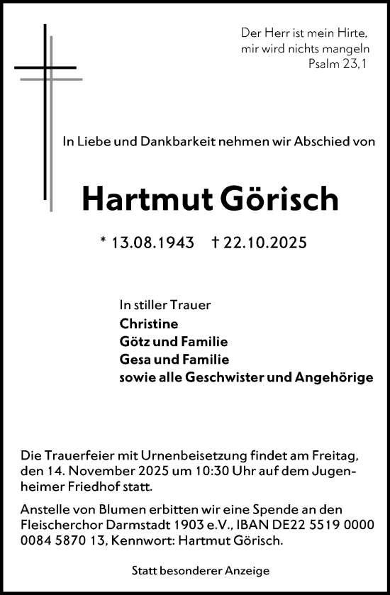 Traueranzeige von Hartmut Görisch von Darmstädter Echo