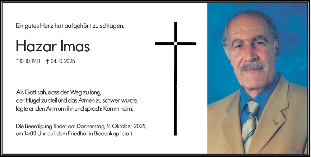  Traueranzeige für Hazar Imas vom 08.10.2025 aus Hinterländer Anzeiger