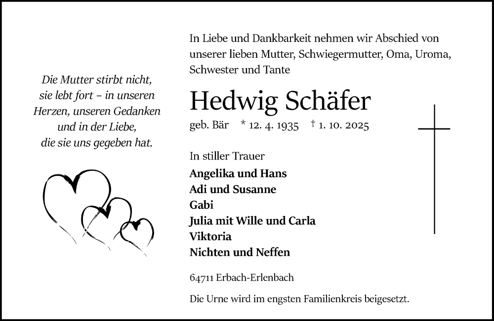  Traueranzeige für Hedwig Schäfer vom 11.10.2025 aus Odenwälder Echo