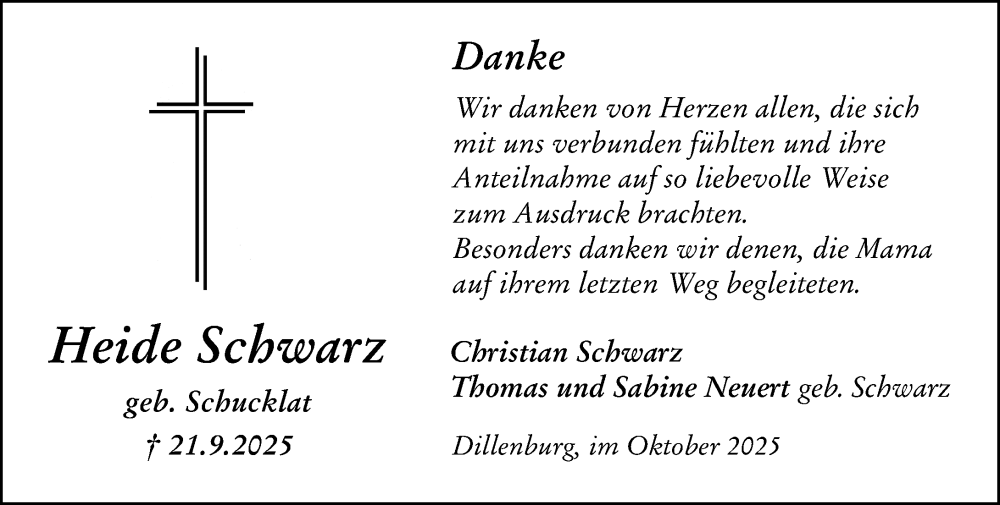  Traueranzeige für Heide Schwarz vom 25.10.2025 aus Dill Block