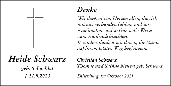 Traueranzeige von Heide Schwarz von Dill Block