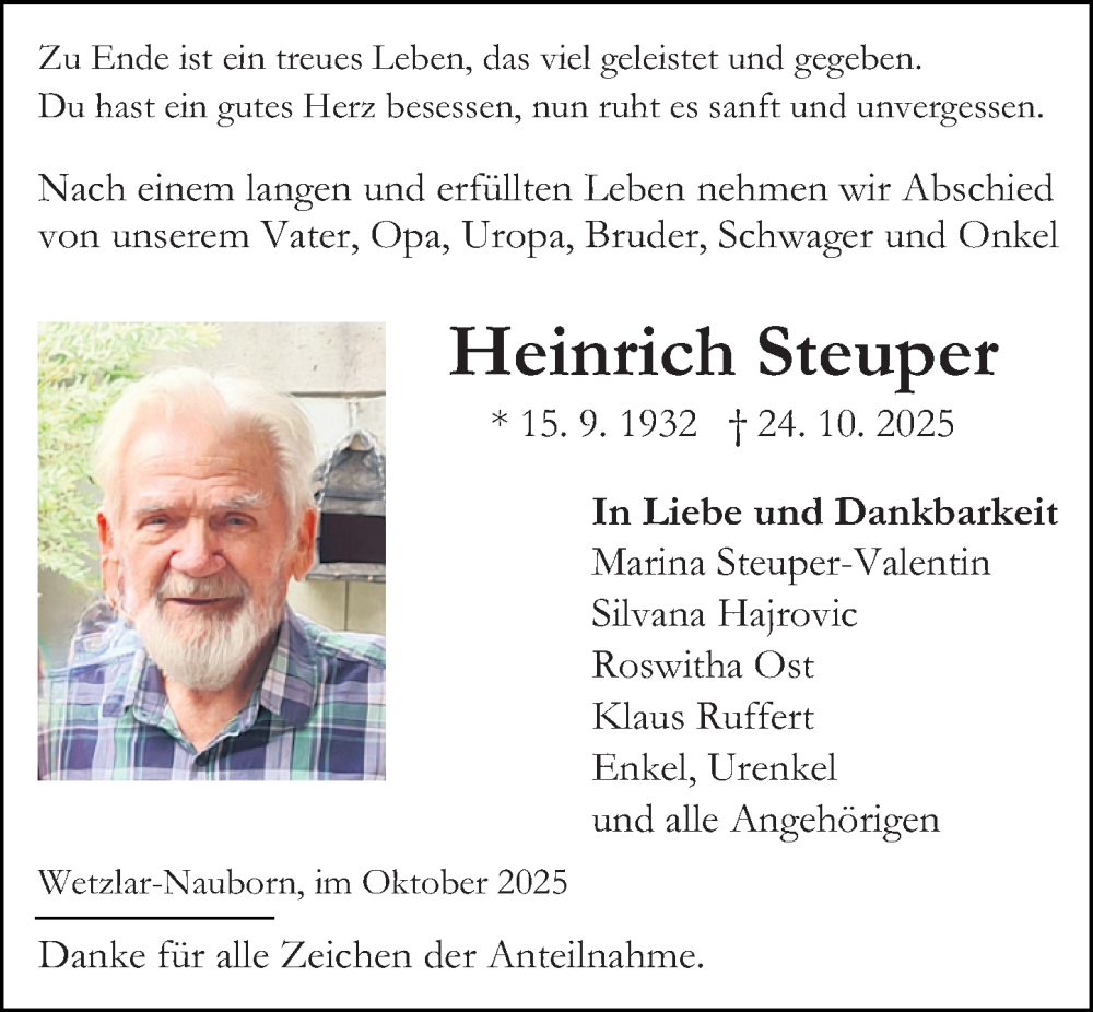  Traueranzeige für Heinrich Steuper vom 31.10.2025 aus Wetzlarer Neue Zeitung