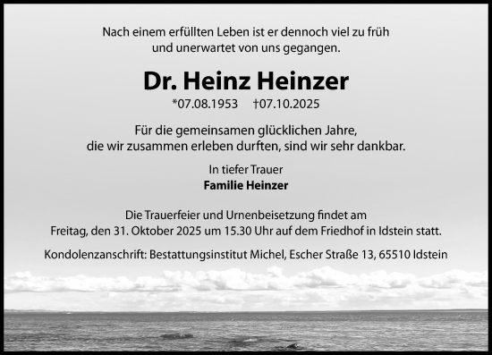 Traueranzeige von Heinz Heinzer von Wiesbadener Kurier