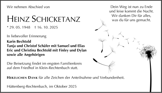 Traueranzeige von Heinz Schicketanz von Wetzlarer Neue Zeitung