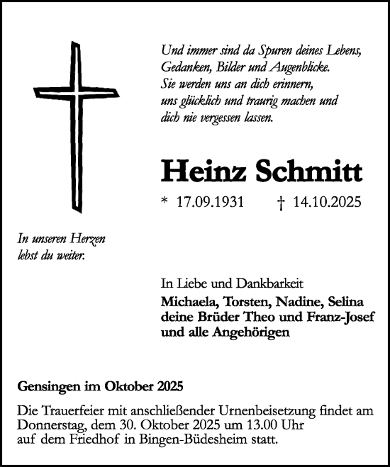 Traueranzeige von Heinz Schmitt von Binger-/Ingelheimer Wochenblatt