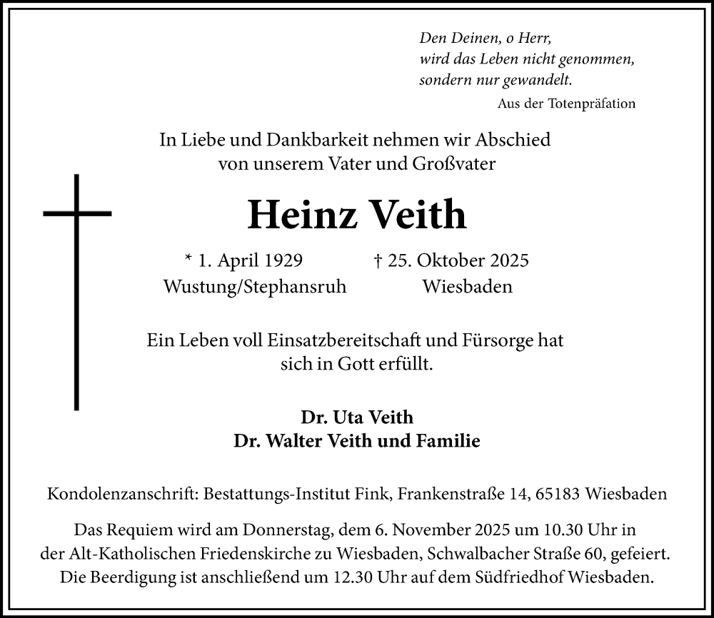  Traueranzeige für Heinz Veith vom 01.11.2025 aus Wiesbadener Kurier