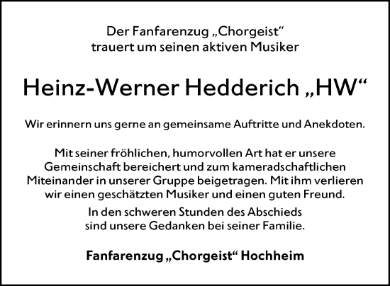 Traueranzeige von Heinz-Werner Hedderich von Hochheimer Zeitung