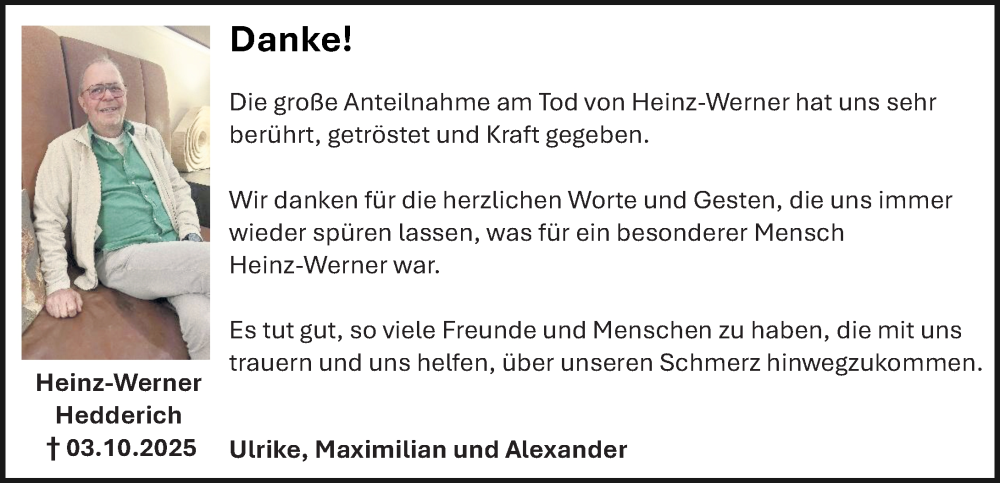  Traueranzeige für Heinz-Werner Hedderich vom 17.10.2025 aus Hochheimer Zeitung
