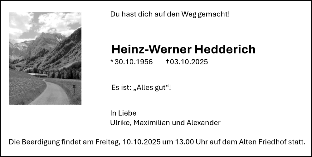  Traueranzeige für Heinz-Werner Hedderich vom 10.10.2025 aus Hochheimer Zeitung