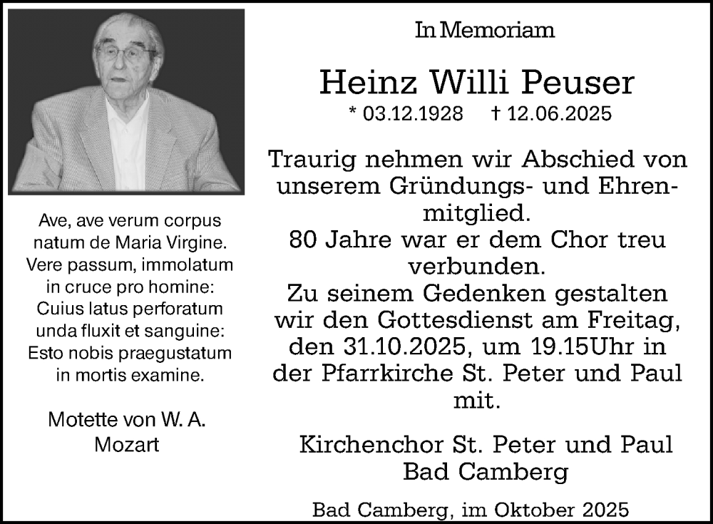  Traueranzeige für Heinz Willi Peuser vom 23.10.2025 aus Camberger Anzeiger