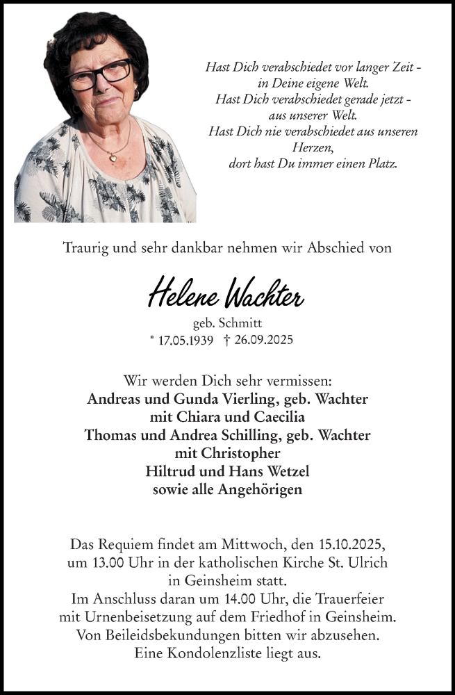  Traueranzeige für Helene Wachter vom 10.10.2025 aus Groß-Gerauer Echo