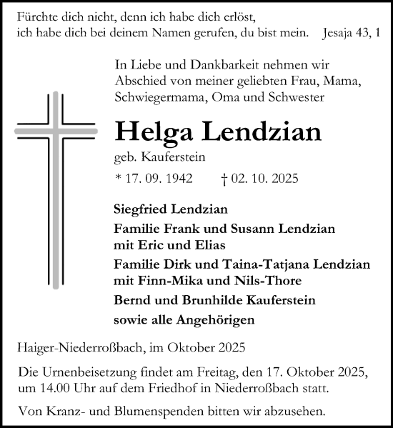 Traueranzeige von Helga Lendzian von Dill Block