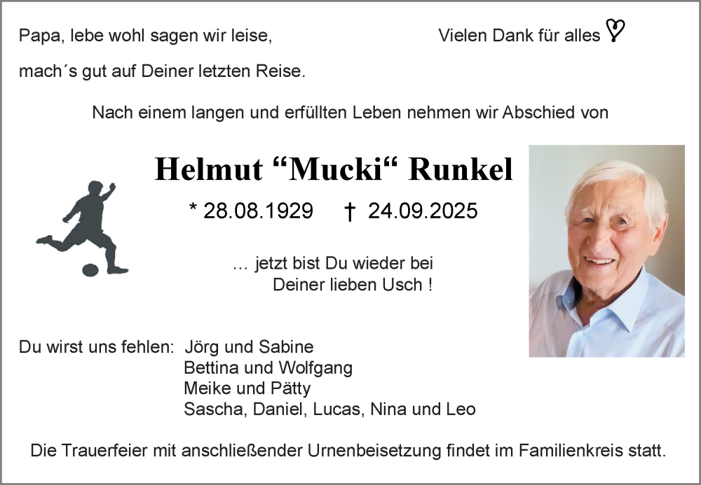  Traueranzeige für Helmut Runkel vom 04.10.2025 aus Hinterländer Anzeiger